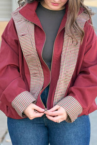 Bubble Hem Houndstooth Contrast Coat - Rustic Red