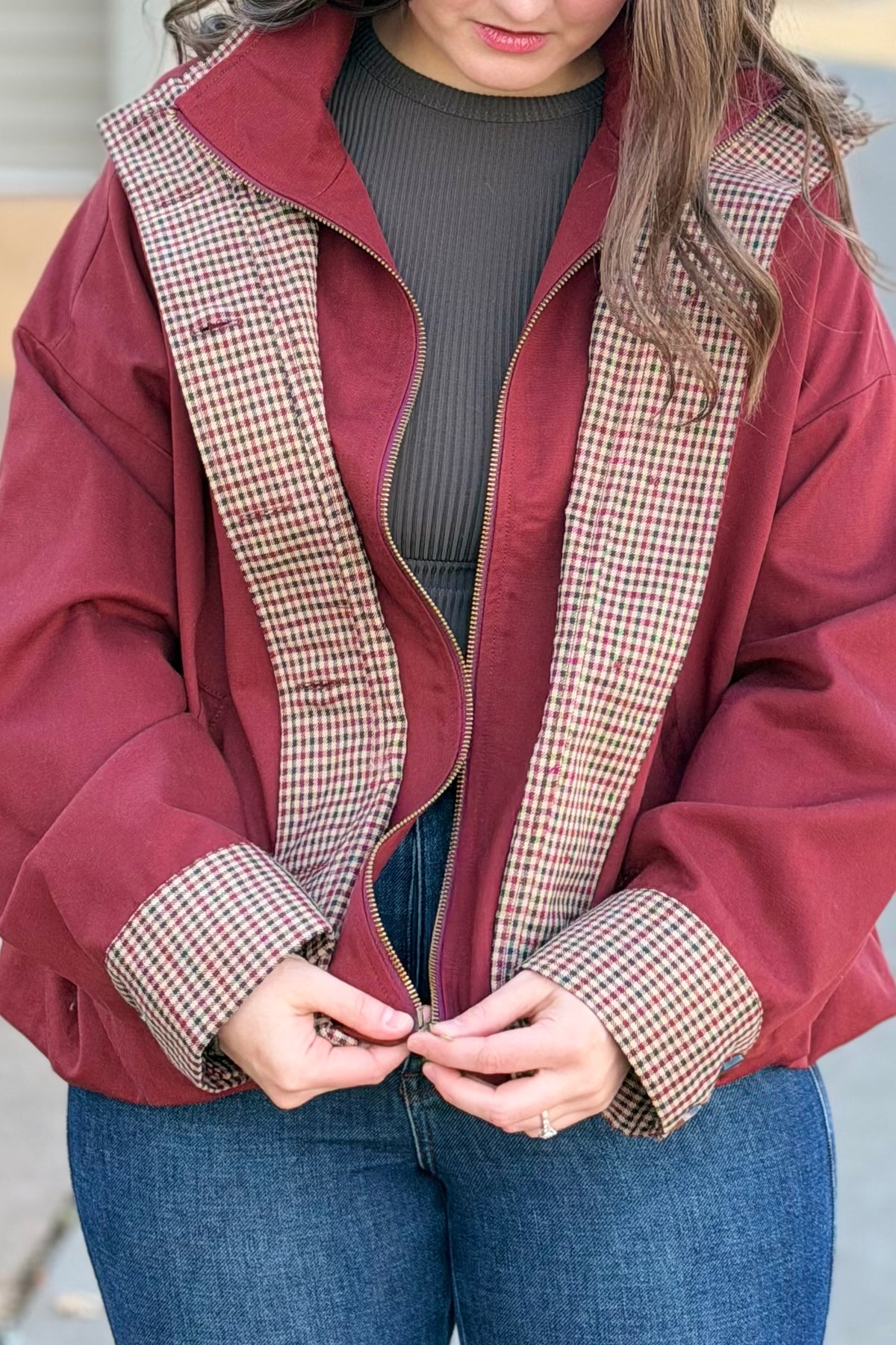 Bubble Hem Houndstooth Contrast Coat - Rustic Red