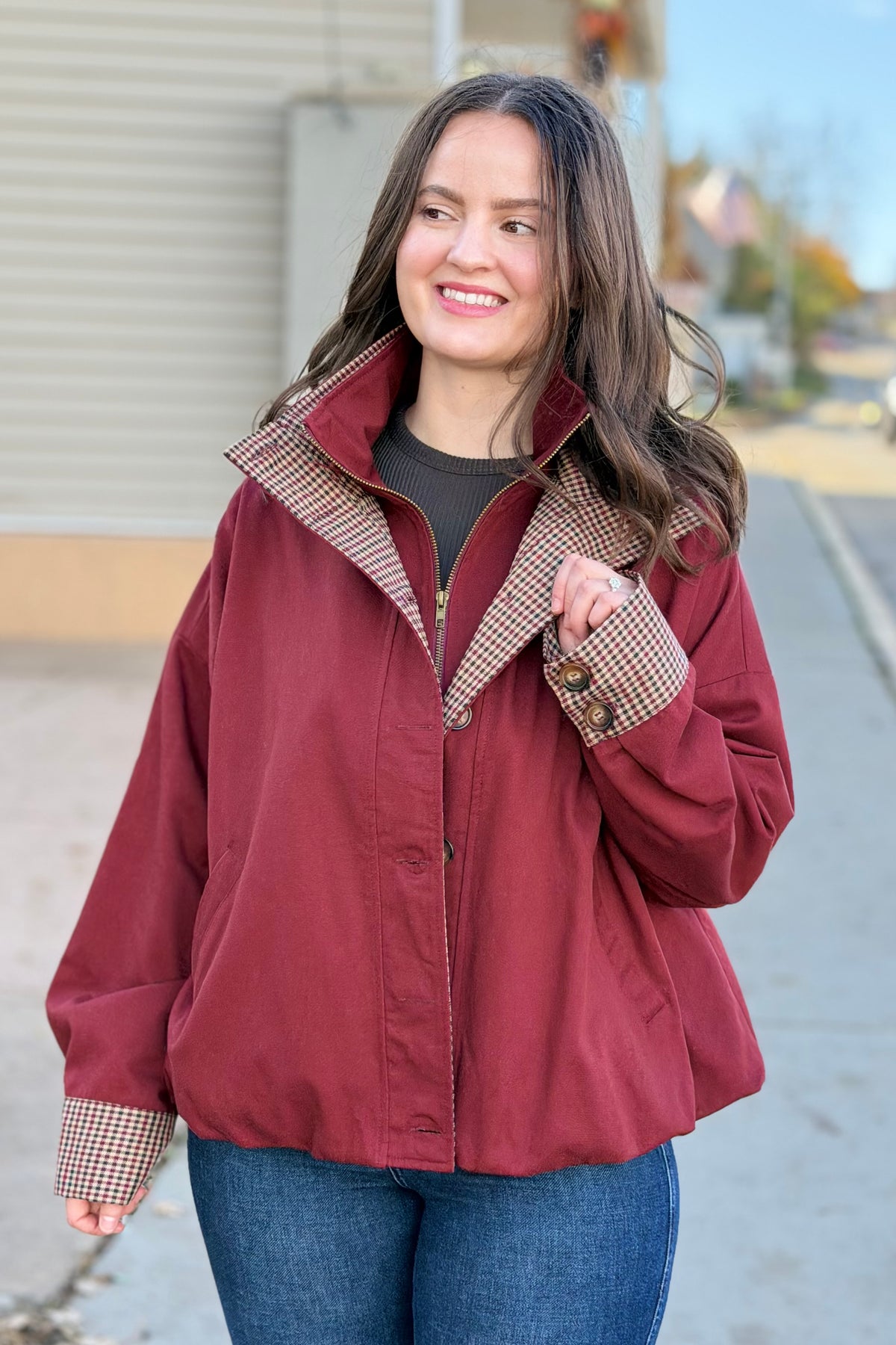 Bubble Hem Houndstooth Contrast Coat - Rustic Red