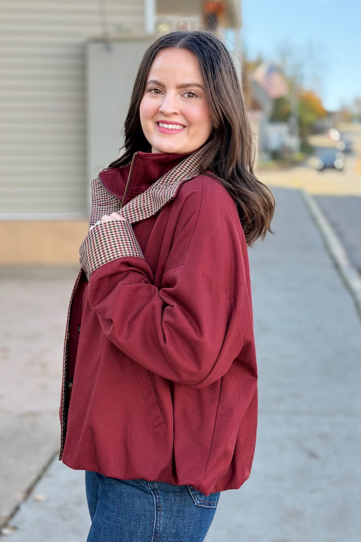 Bubble Hem Houndstooth Contrast Coat - Rustic Red