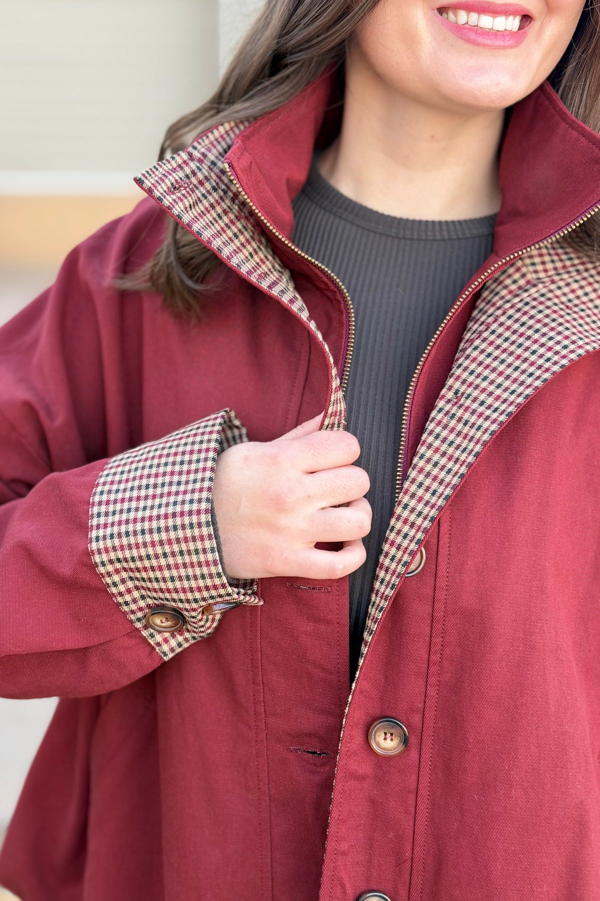 Bubble Hem Houndstooth Contrast Coat - Rustic Red