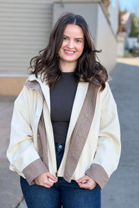 Bubble Hem Houndstooth Contrast Coat - Oat
