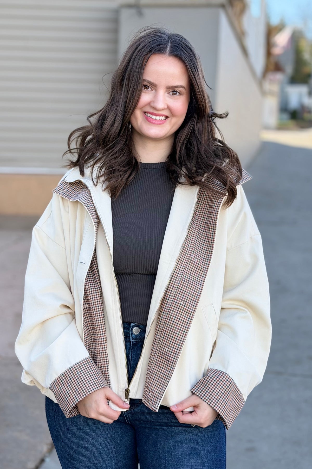 Bubble Hem Houndstooth Contrast Coat - Oat