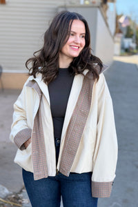 Bubble Hem Houndstooth Contrast Coat - Oat