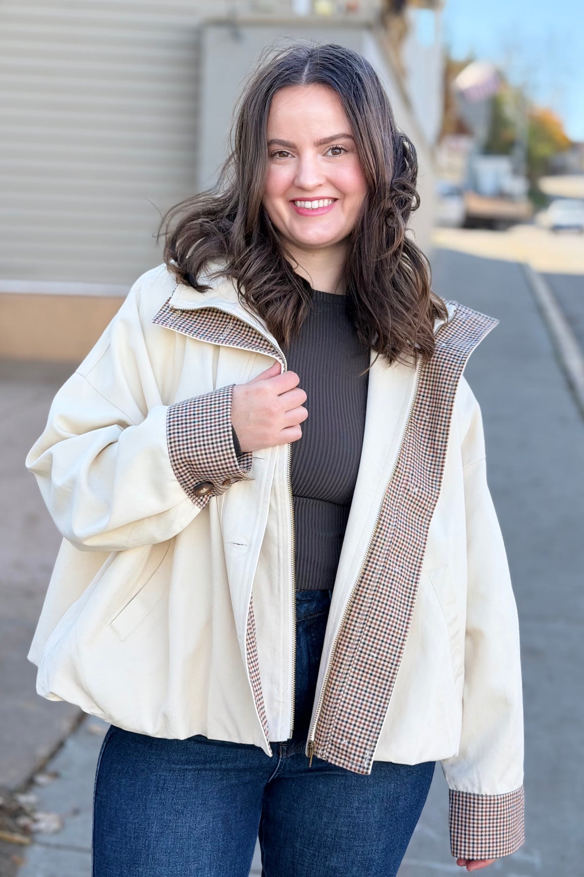 Bubble Hem Houndstooth Contrast Coat - Oat