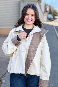 Bubble Hem Houndstooth Contrast Coat - Oat