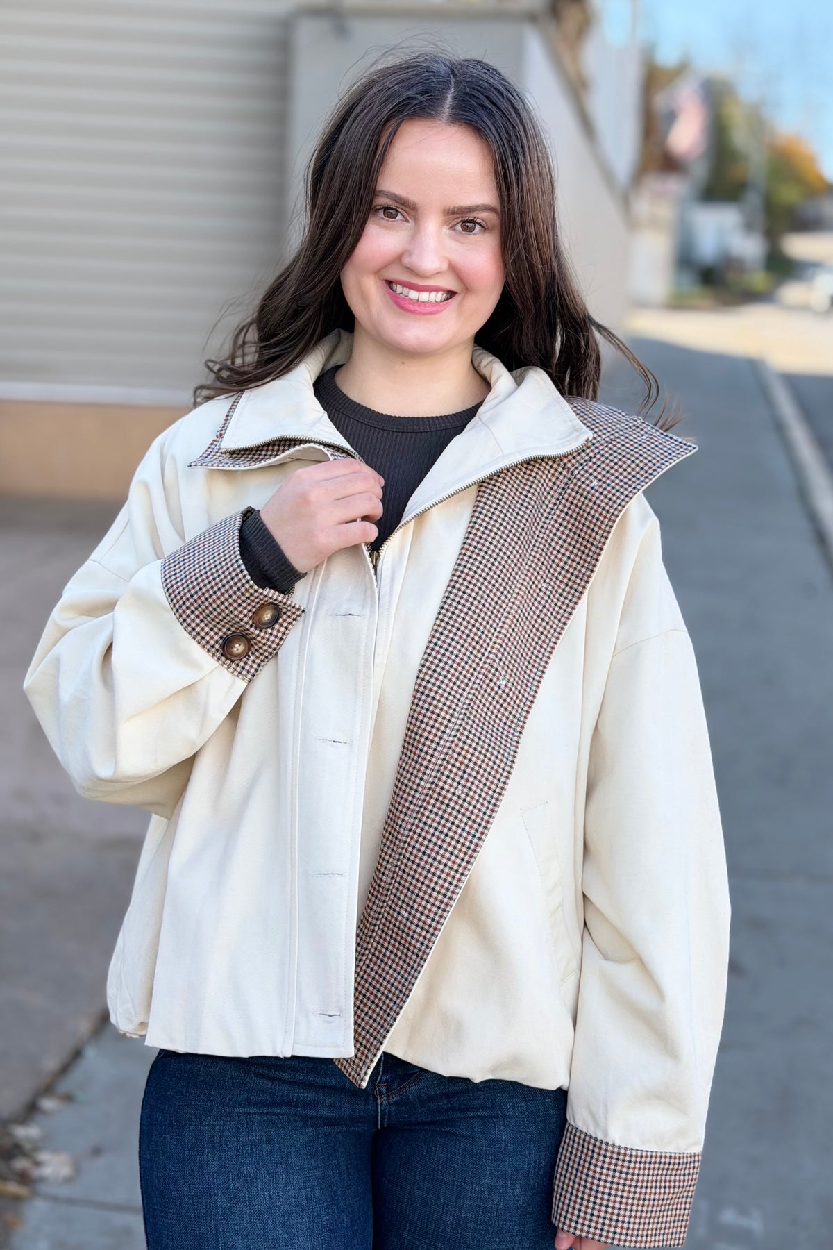 Bubble Hem Houndstooth Contrast Coat - Oat