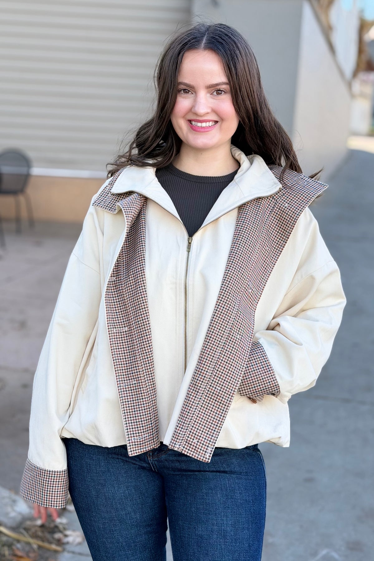 Bubble Hem Houndstooth Contrast Coat - Oat