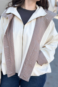 Bubble Hem Houndstooth Contrast Coat - Oat