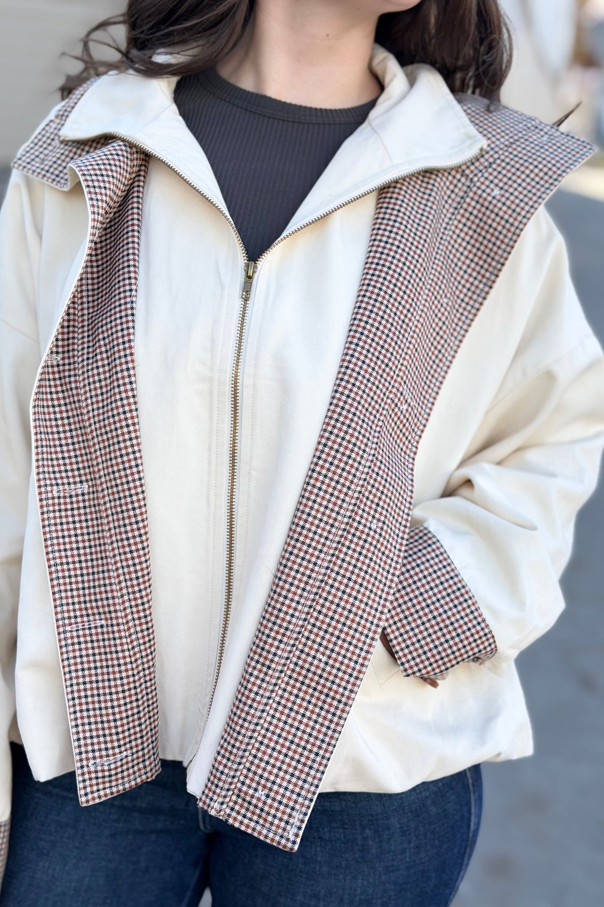 Bubble Hem Houndstooth Contrast Coat - Oat