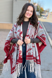 Western Boho Fringe Ruana - Red