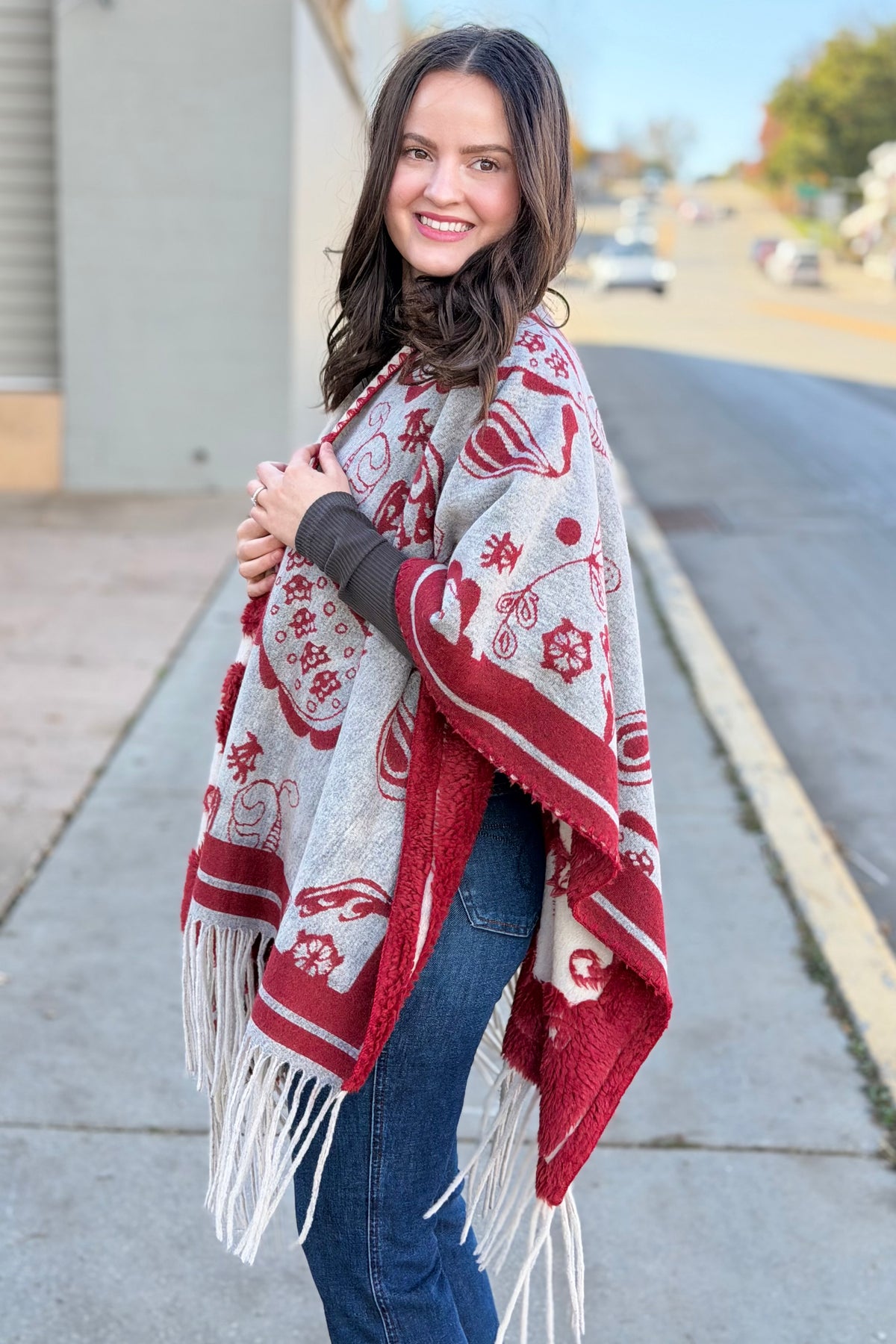 Western Boho Fringe Ruana - Red