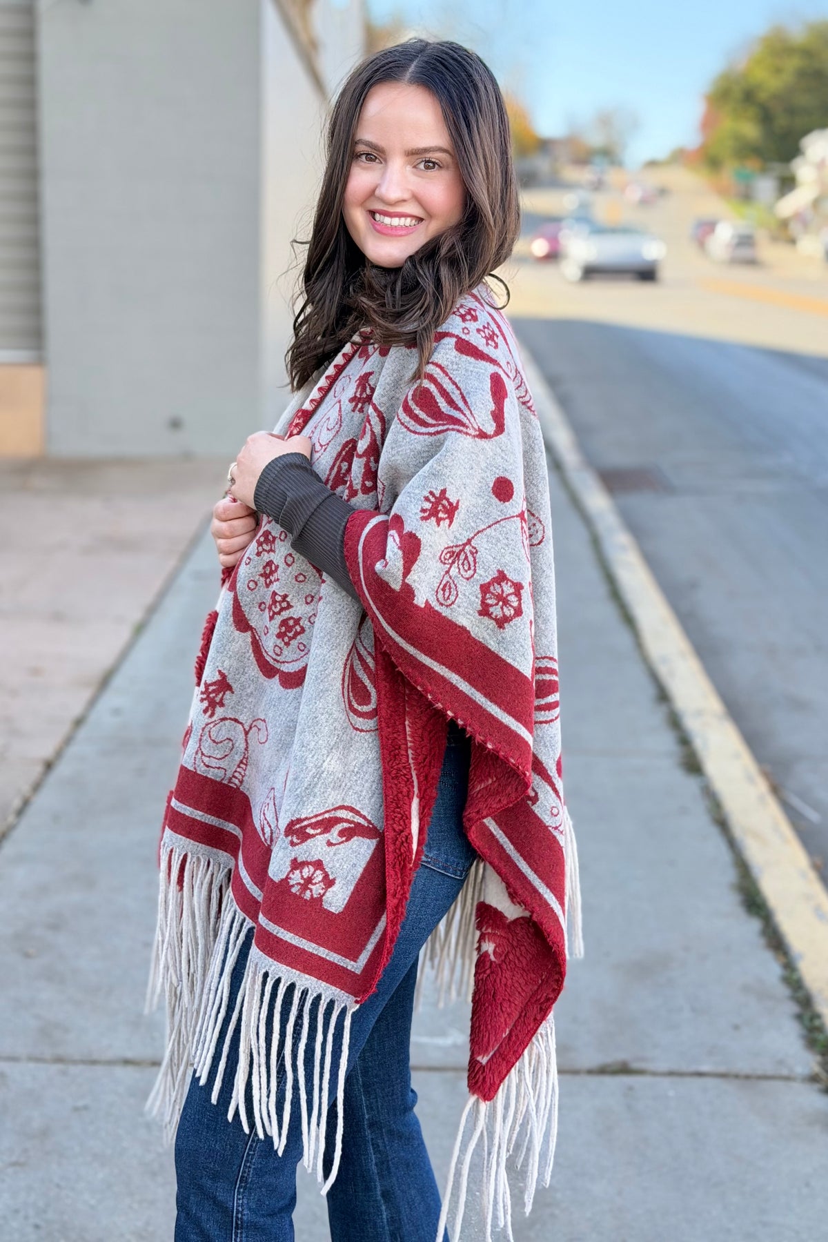 Western Boho Fringe Ruana - Red