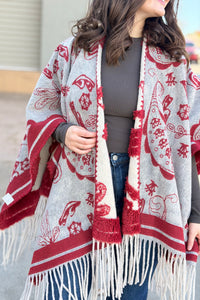 Western Boho Fringe Ruana - Red