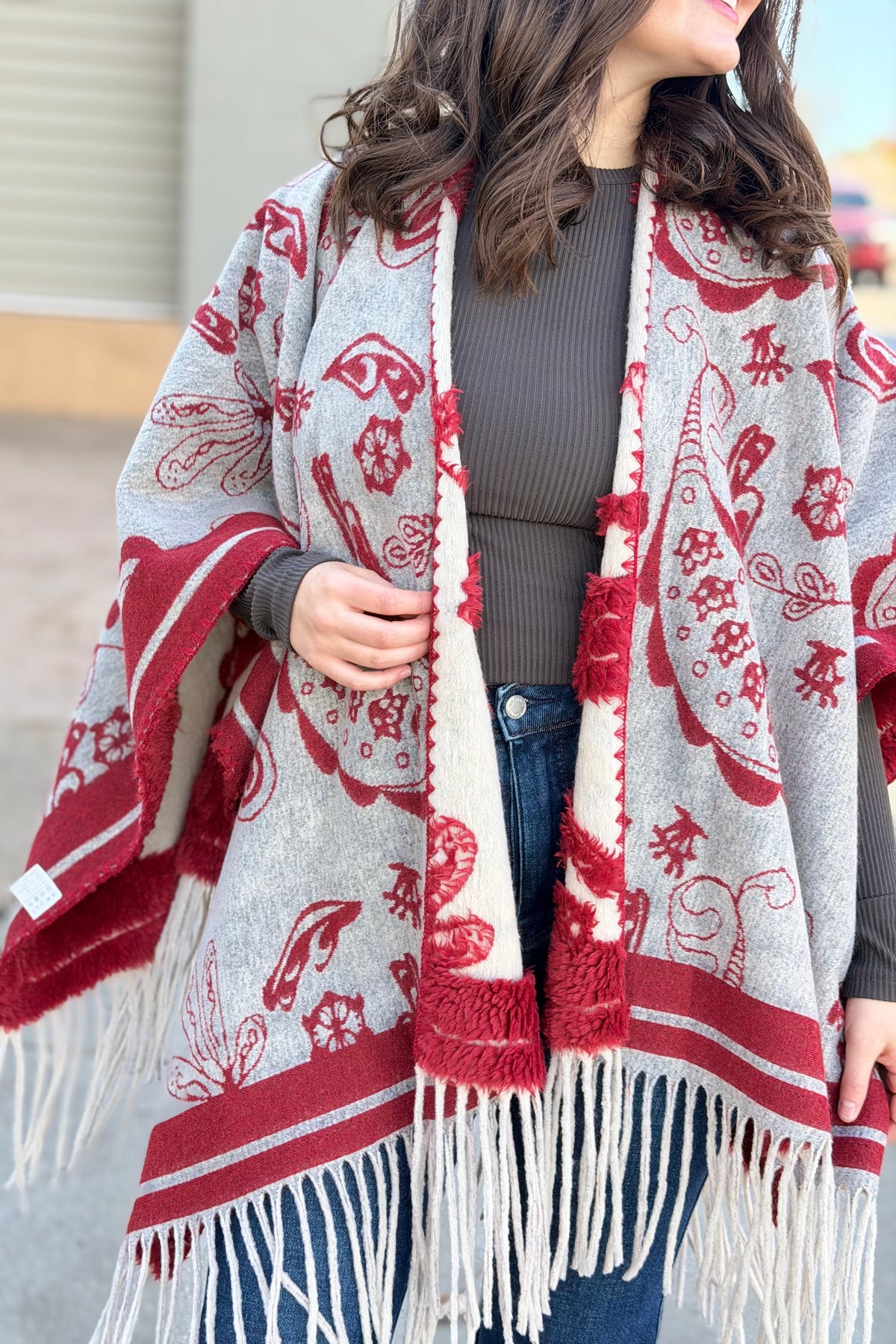 Western Boho Fringe Ruana - Red