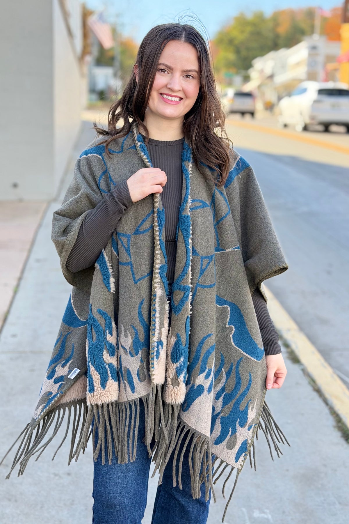 Boho Textured Ruana Cardigan - Olive Teal