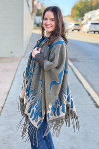 Boho Textured Ruana Cardigan - Olive Teal