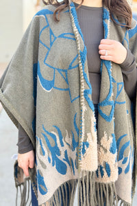 Boho Textured Ruana Cardigan - Olive Teal