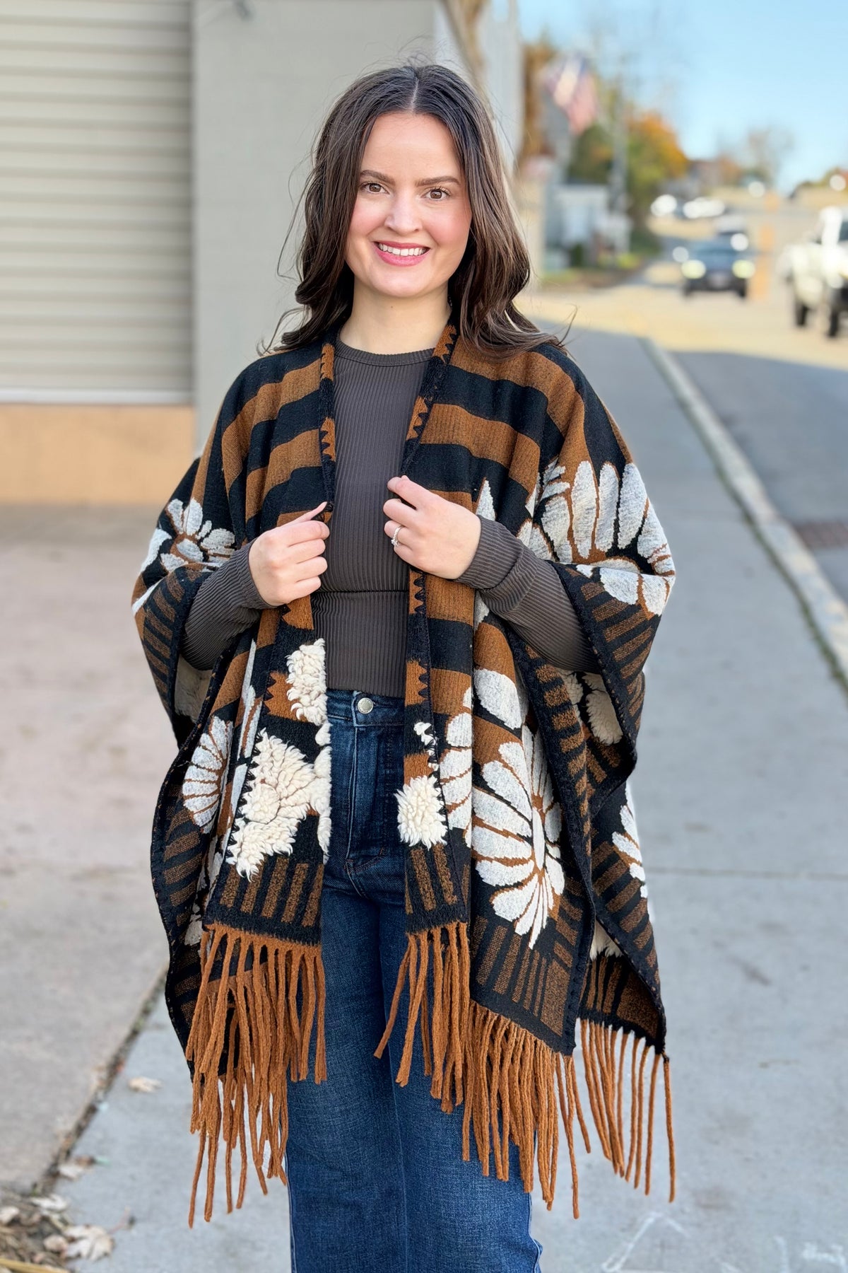 Western Boho Fringe Ruana - Brown