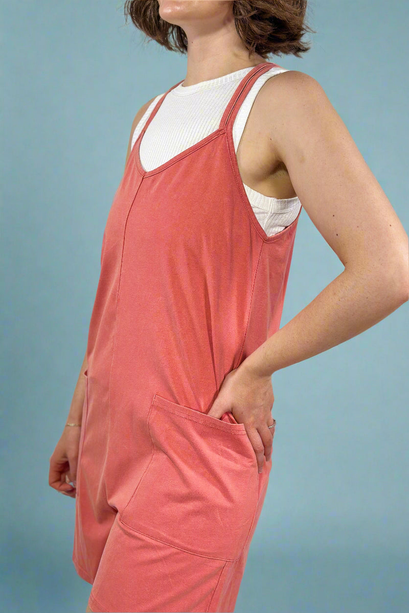 Cross Back Strap Sleeveless Romper - Coral