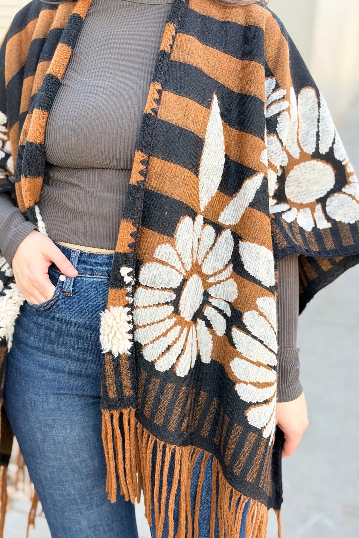 Western Boho Fringe Ruana - Brown