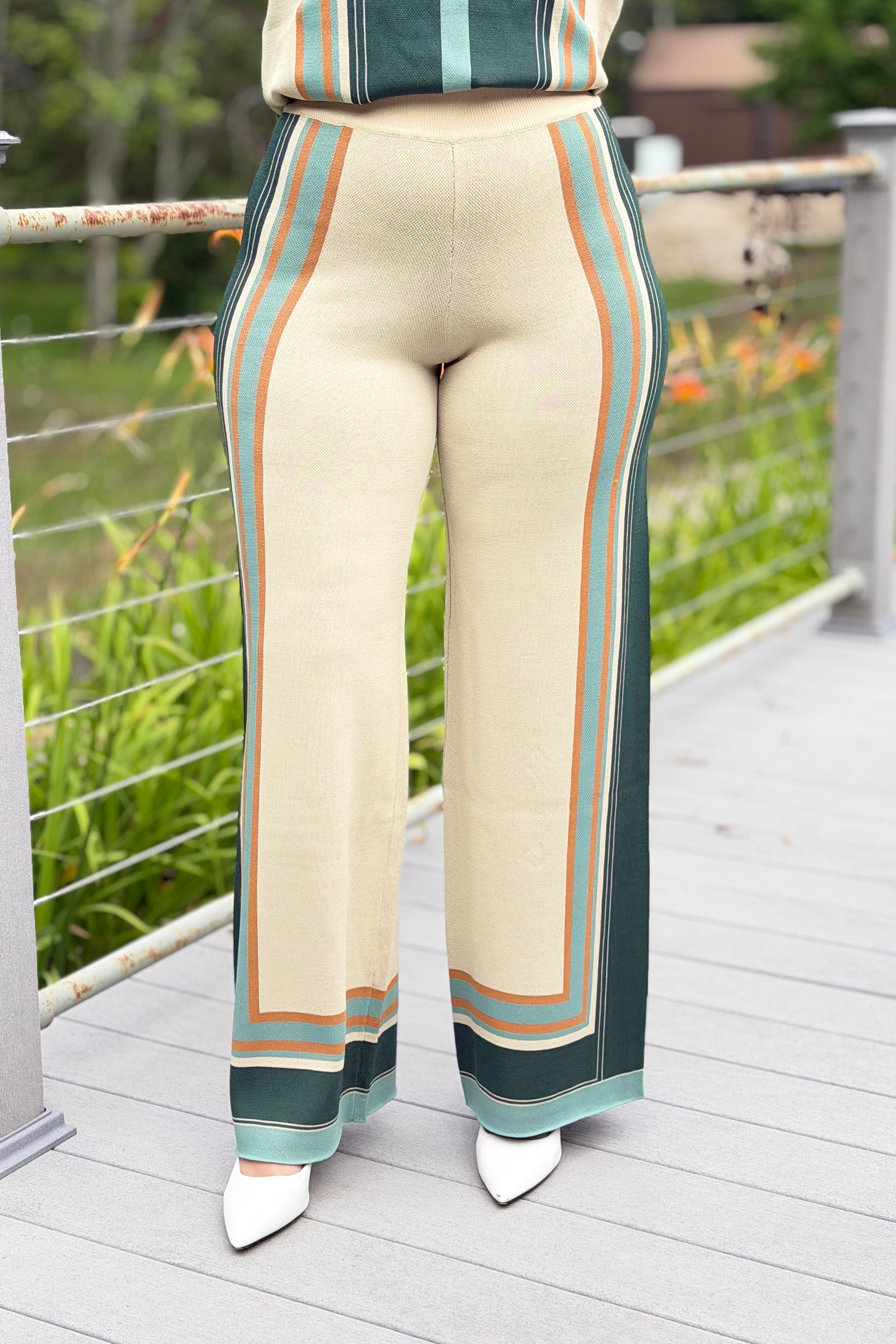 Knit Multi Border Stripe Wide Leg Pants