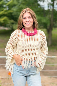 Boat Neck Fishnet Sweater With Fringe