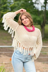 Boat Neck Fishnet Sweater With Fringe