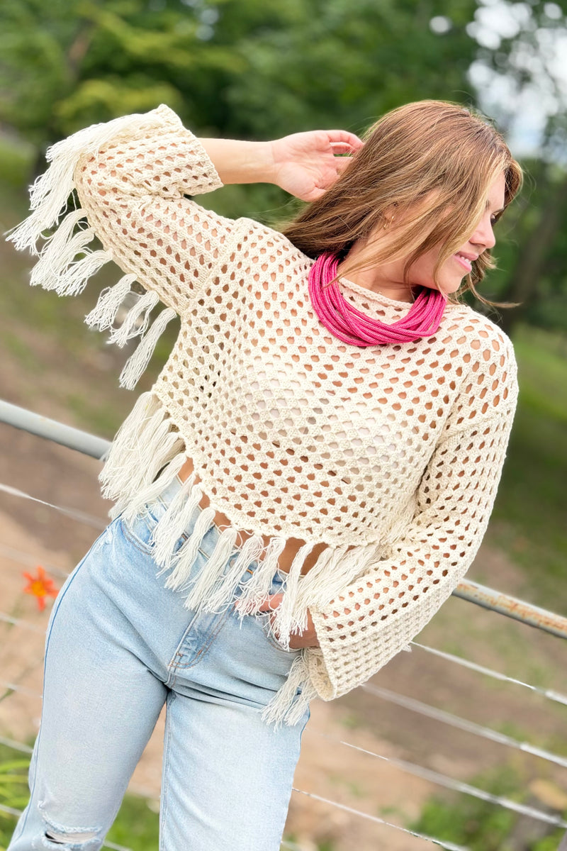 Boat Neck Fishnet Sweater With Fringe