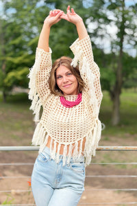 Boat Neck Fishnet Sweater With Fringe