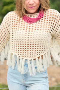 Boat Neck Fishnet Sweater With Fringe