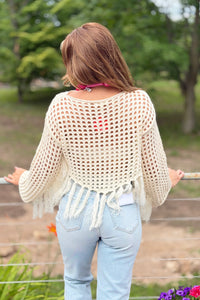 Boat Neck Fishnet Sweater With Fringe