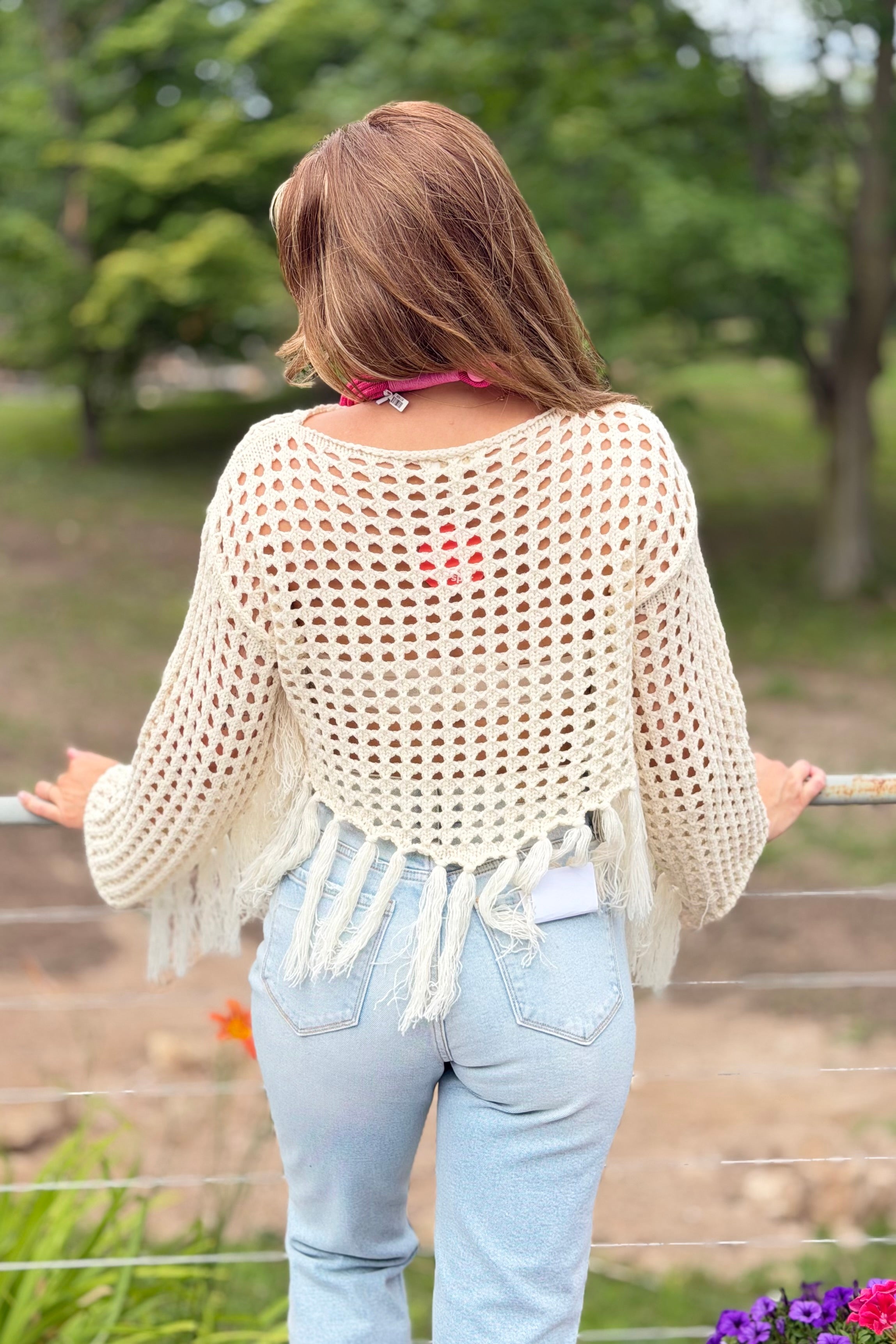 Boat Neck Fishnet Sweater With Fringe