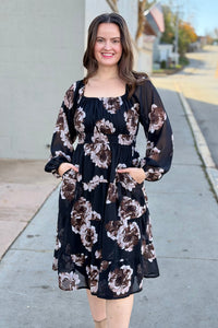 Floral Tiered Chiffon Midi Dress - Black