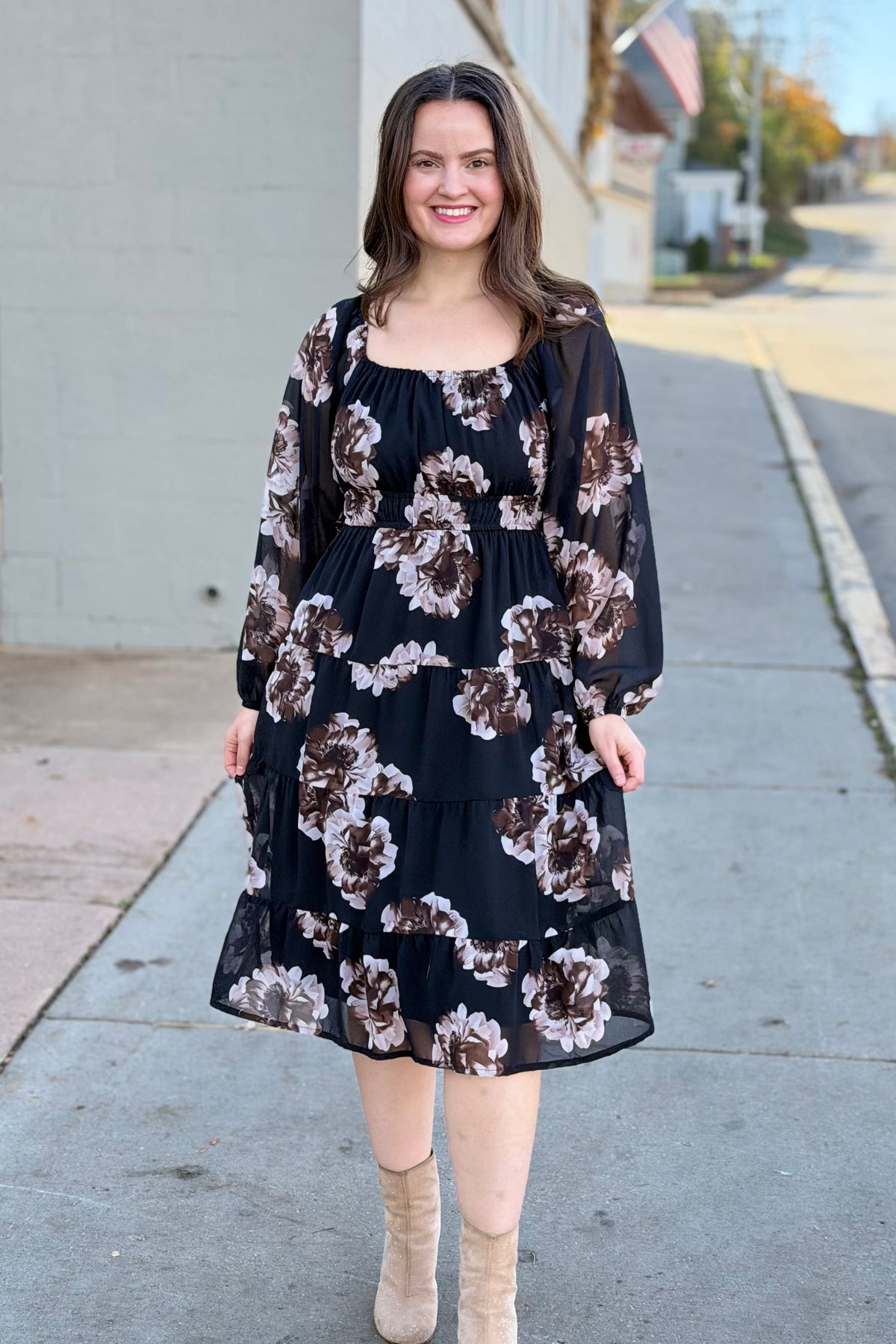 Floral Tiered Chiffon Midi Dress - Black