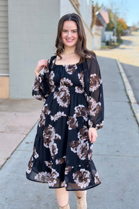 Floral Tiered Chiffon Midi Dress - Black