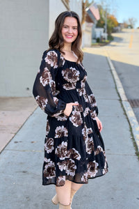 Floral Tiered Chiffon Midi Dress - Black