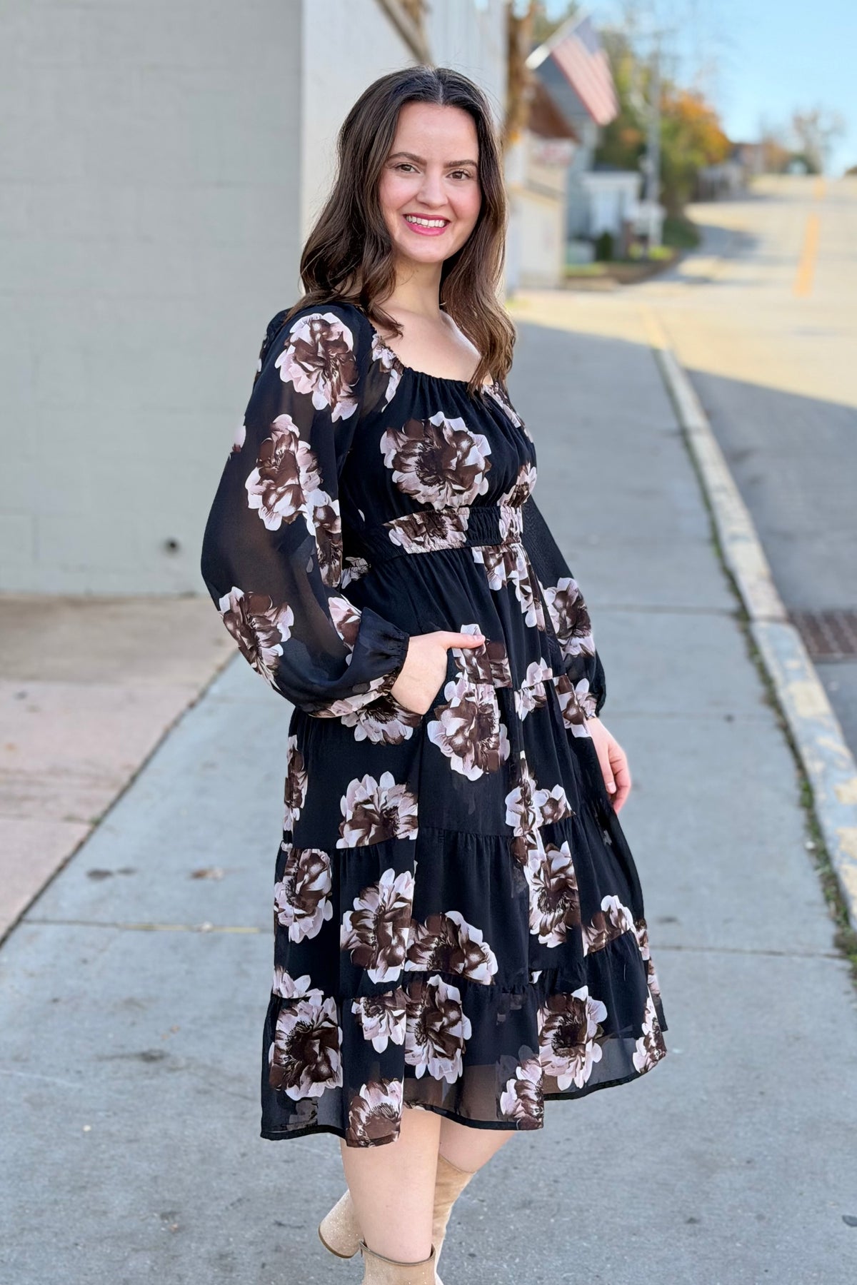 Floral Tiered Chiffon Midi Dress - Black