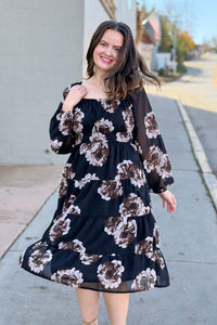 Floral Tiered Chiffon Midi Dress - Black