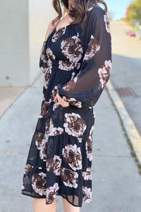 Floral Tiered Chiffon Midi Dress - Black