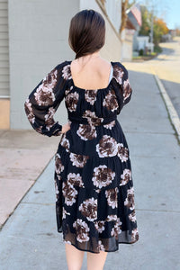 Floral Tiered Chiffon Midi Dress - Black
