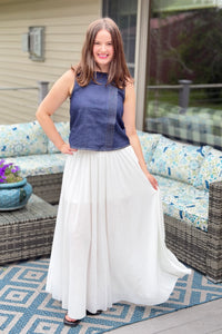 Indigo Denim Sleeveless Pintuck Top