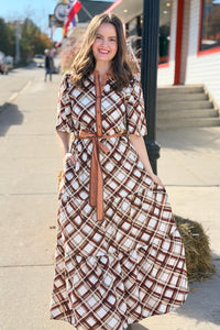 Button Down Plaid Maxi Dress - Brown