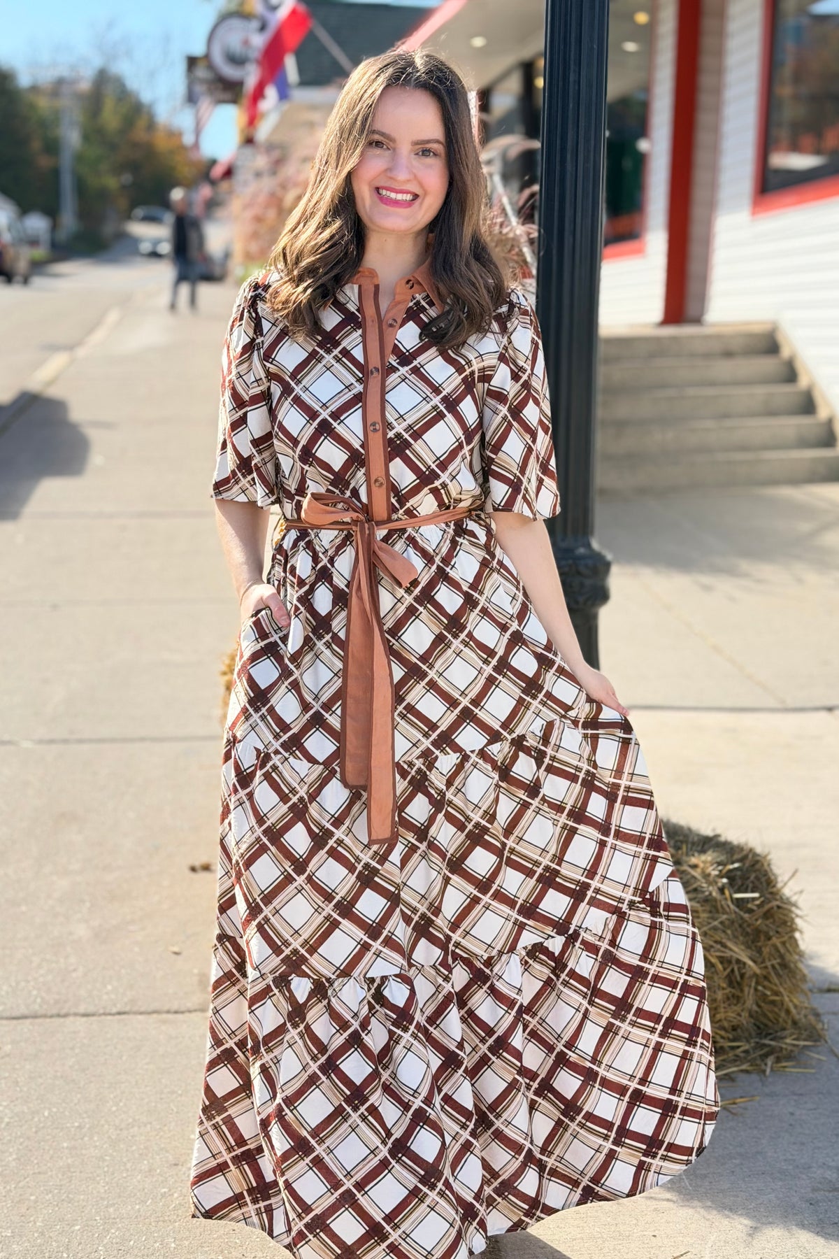 Button Down Plaid Maxi Dress - Brown