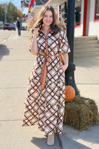Button Down Plaid Maxi Dress - Brown