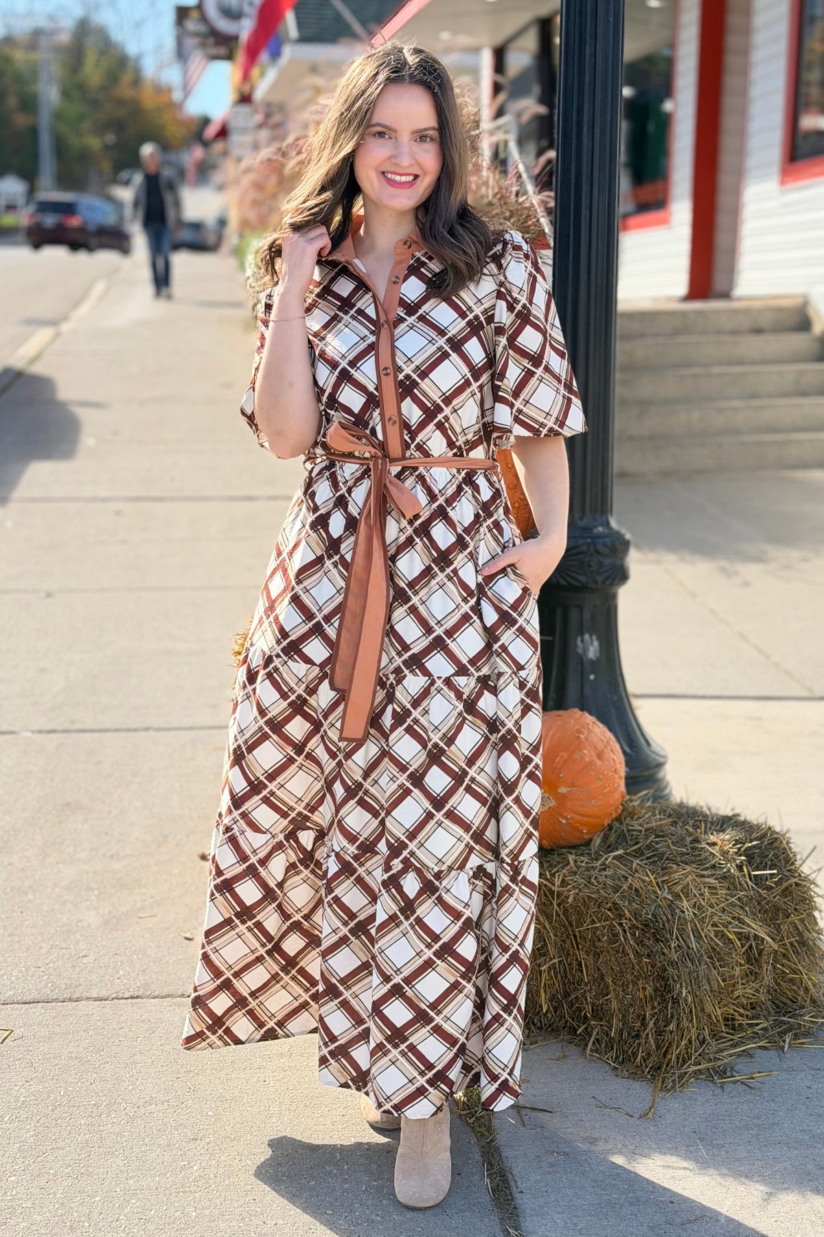 Button Down Plaid Maxi Dress - Brown