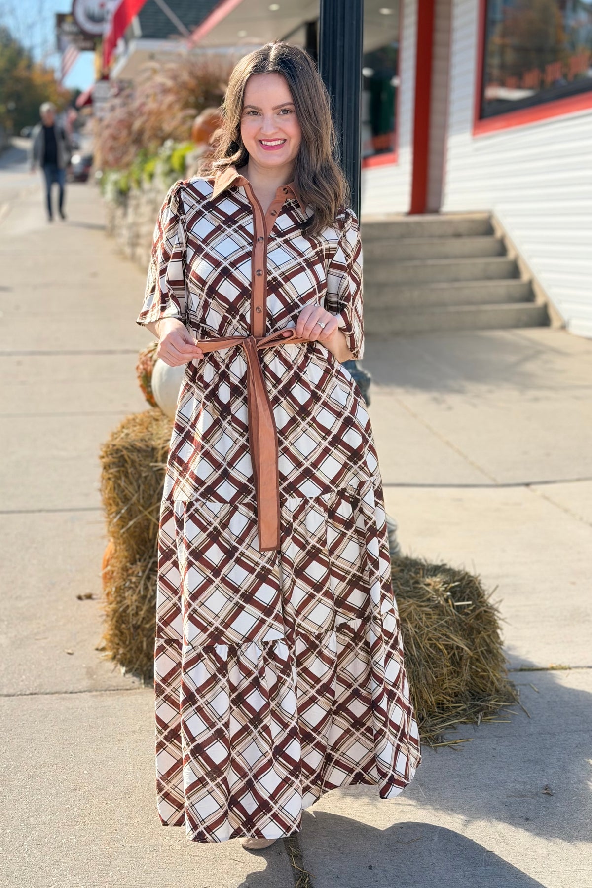 Button Down Plaid Maxi Dress - Brown