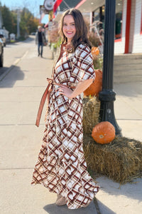 Button Down Plaid Maxi Dress - Brown