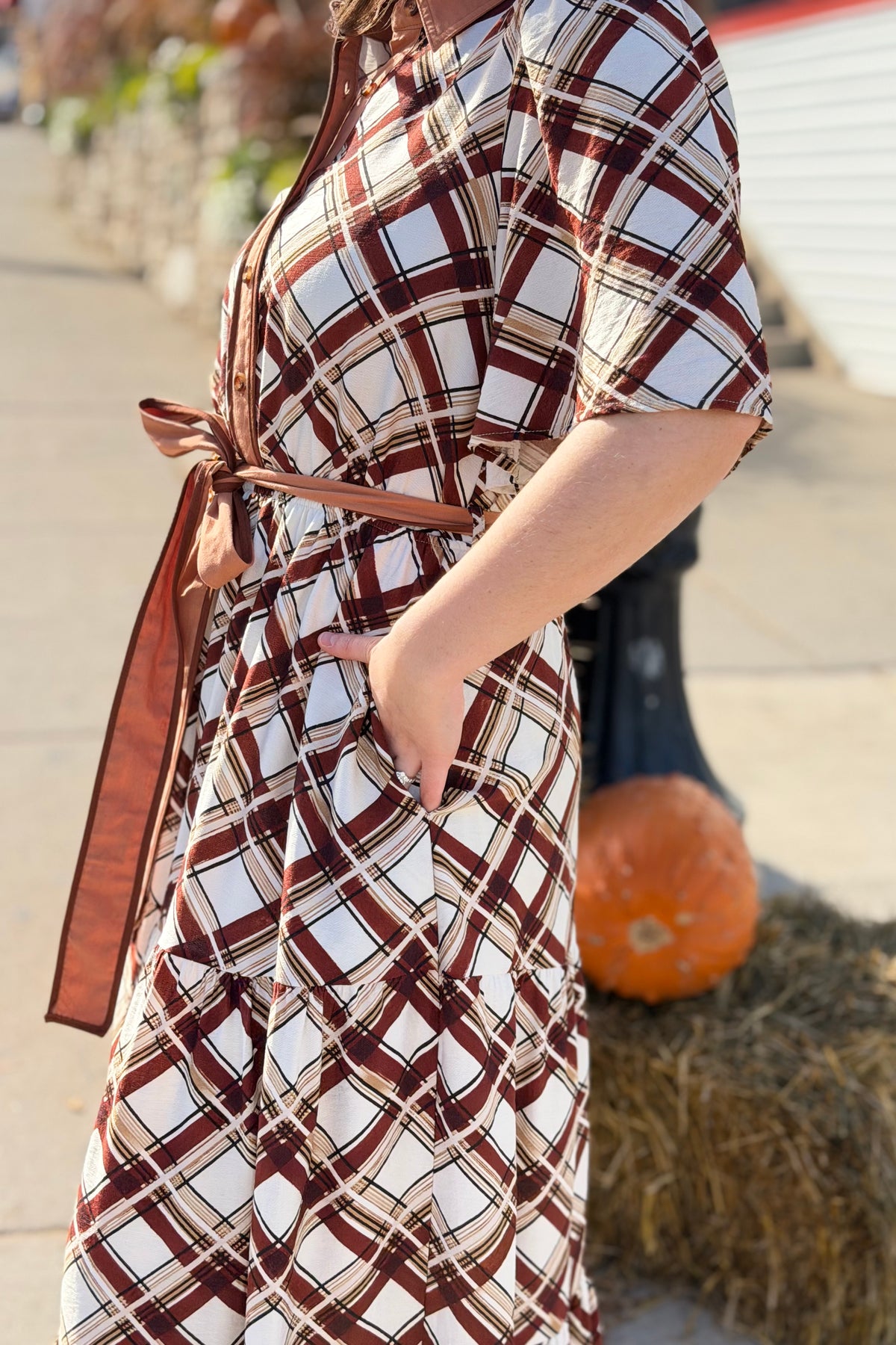 Button Down Plaid Maxi Dress - Brown