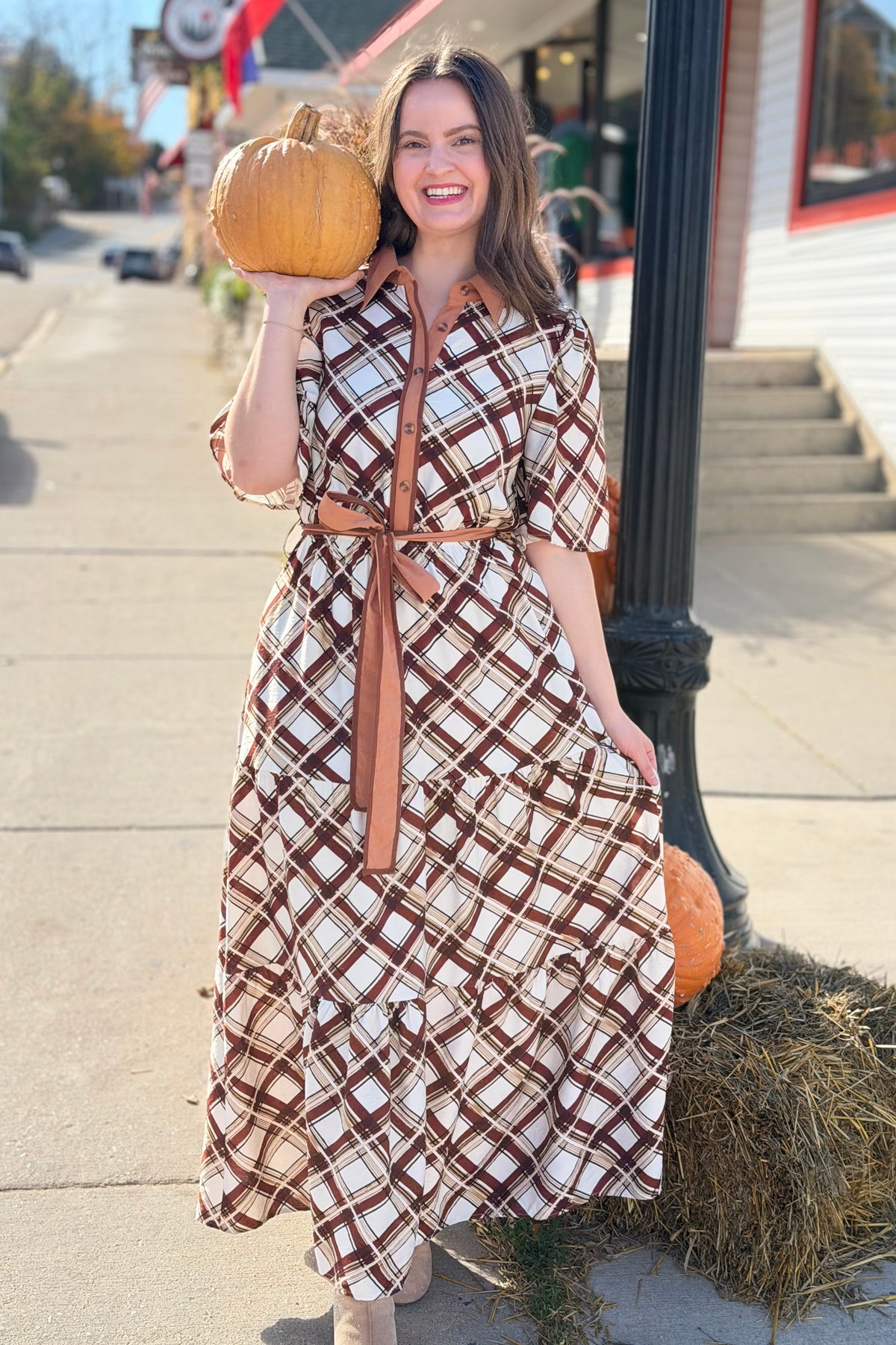 Button Down Plaid Maxi Dress - Brown
